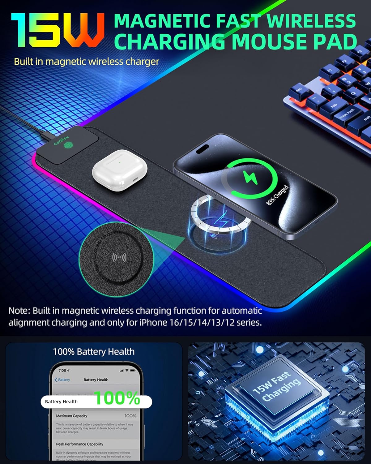 Mouse Pad with Wireless Charging, RGB Gaming Desk Mat, 31.5"x15.7" Large XXL Desk Pad, 15 Lighting Modes, Non-Slip Mouse Mat, Waterproof Computer Keyboard Pad, Black with 20W PD Power Adapter