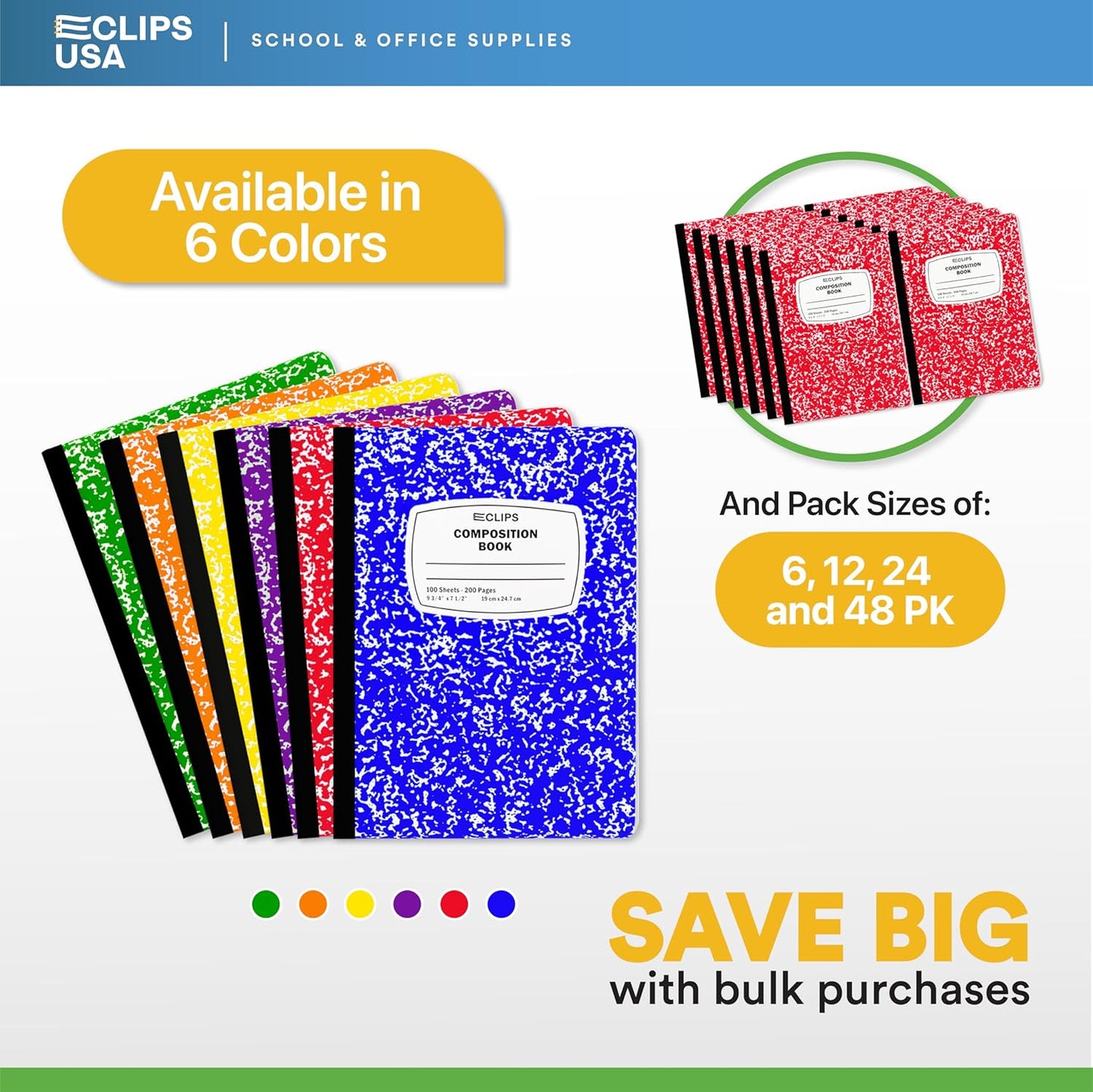 E-CLIPS USA Composition Notebooks, (6 Pack), Wide Ruled Composition Notebook, Marble Composition Notebook, 100 sheets, 200 Pages (6, Red)