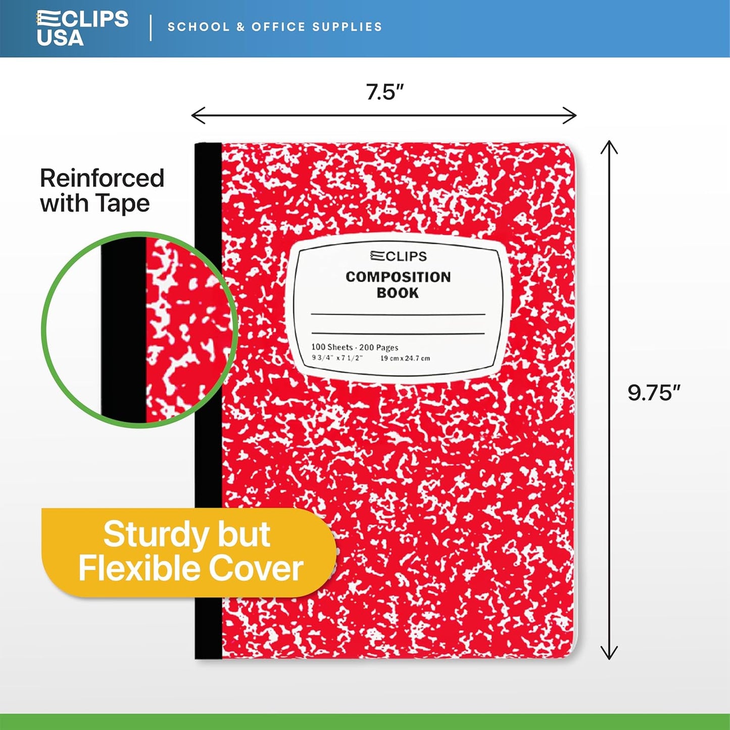 E-CLIPS USA Composition Notebooks, (24 Pack), Wide Ruled Composition Notebook, Marble Composition Notebook, 100 sheets, 200 Pages (24, Red)