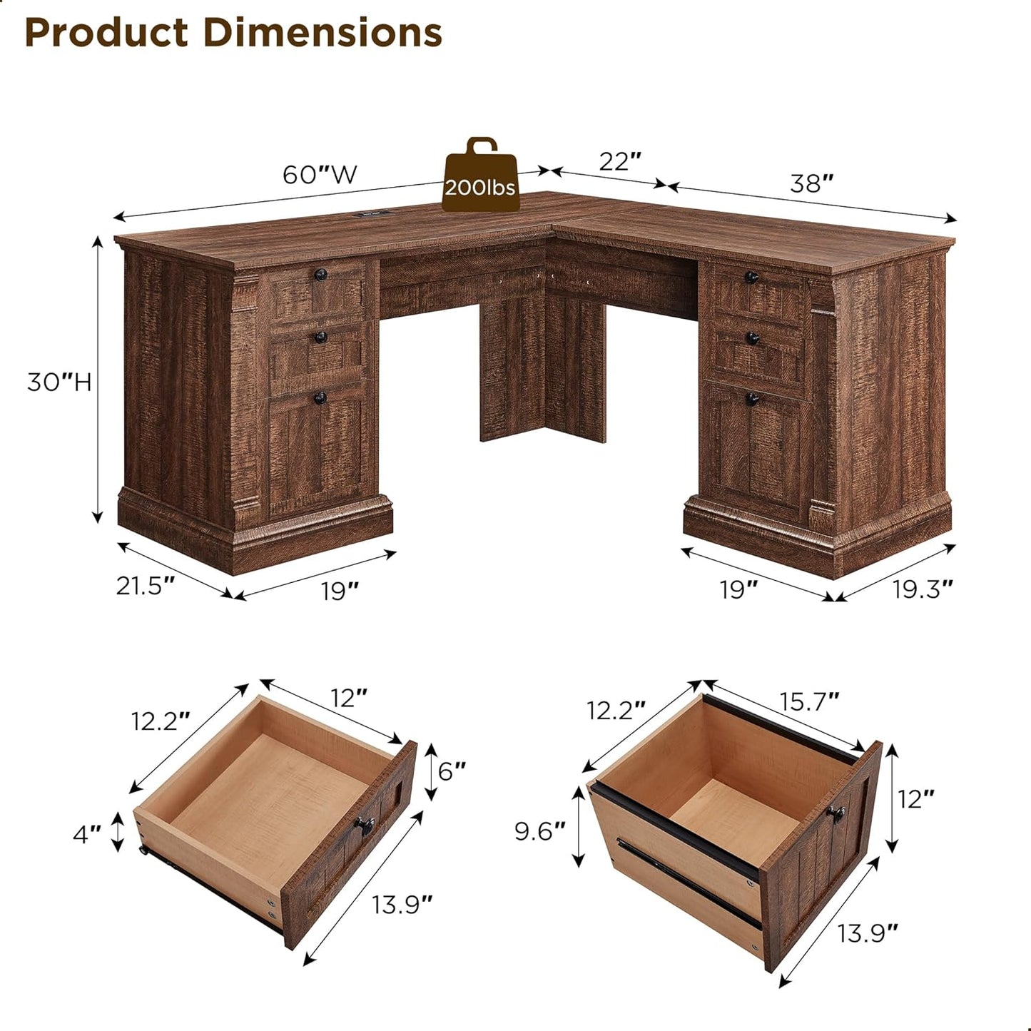 OKD 60" L Shaped Executive Desk with Drawers, Farmhouse Home Office Desk with Charging Station, File Cabinet Storage, Wood Corner Computer Desk for Work and Study, Reclaimed Barnwood