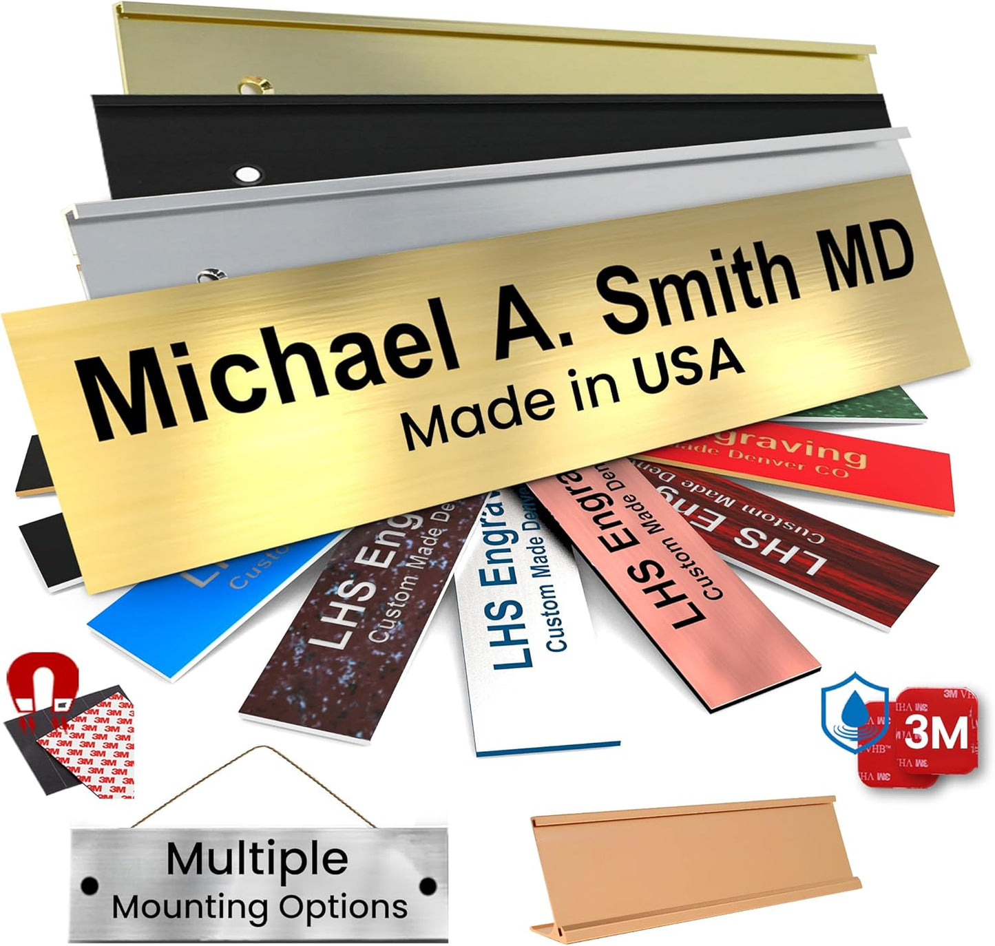 Engraved Name Plates for Door Sign Personalized Brushed Brass Plastic Plaque with Black Letters - Made in USA 2x4 M6