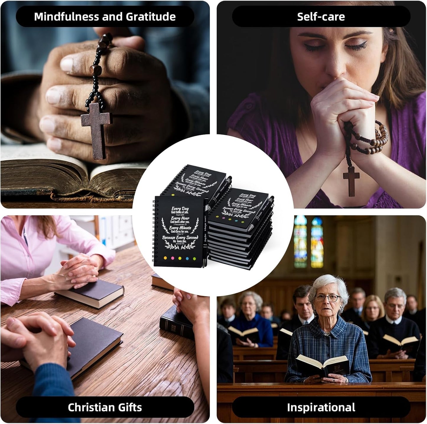 60 Pcs Bulk Christian Gifts Prayer Journal for Woman - 30 Set Religious Notepad with Christian Pen - Bible Notebook - Church Gifts for Inspirational, Bible Study, Devotions (Black)