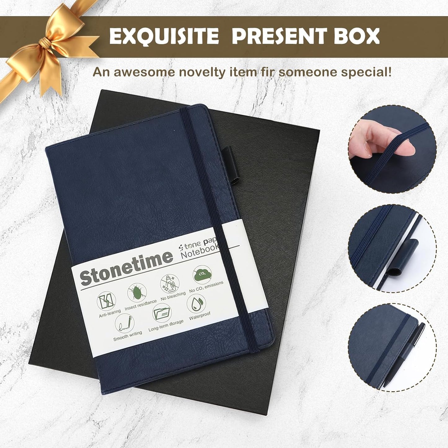 Stone Paper Notebook for Women Men, A5 Waterproof Notebook Hardcover Executive Journal, Ruled Notebooks for Writing, Business, Work ＆ School, 160 Pages Notebook with Box (A5 Blue)
