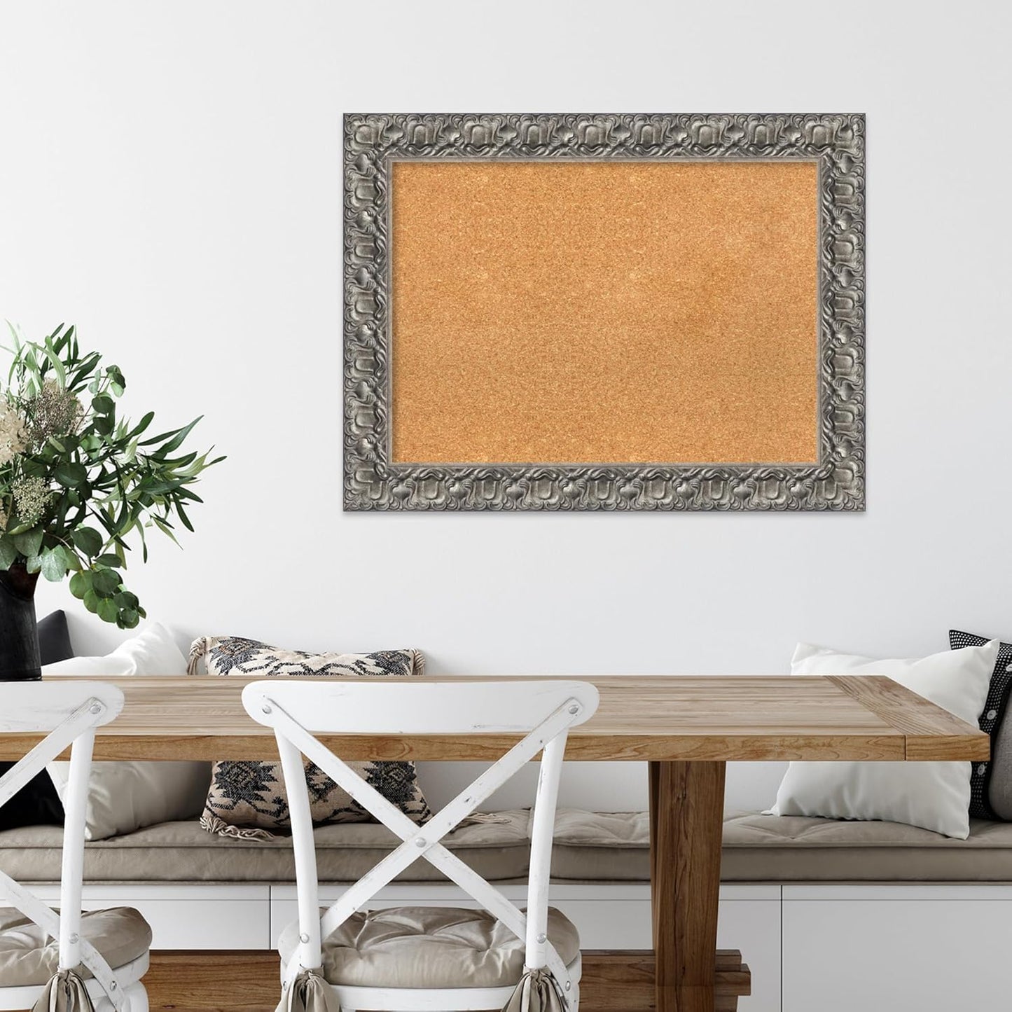 Amanti Art Natural Cork Board for Wall, 26x34 Vision Board with Silver Wood Frame, Medium Corkboard Office Decor for Home Organization, Traditional Corkboard Pinboard to display items for home