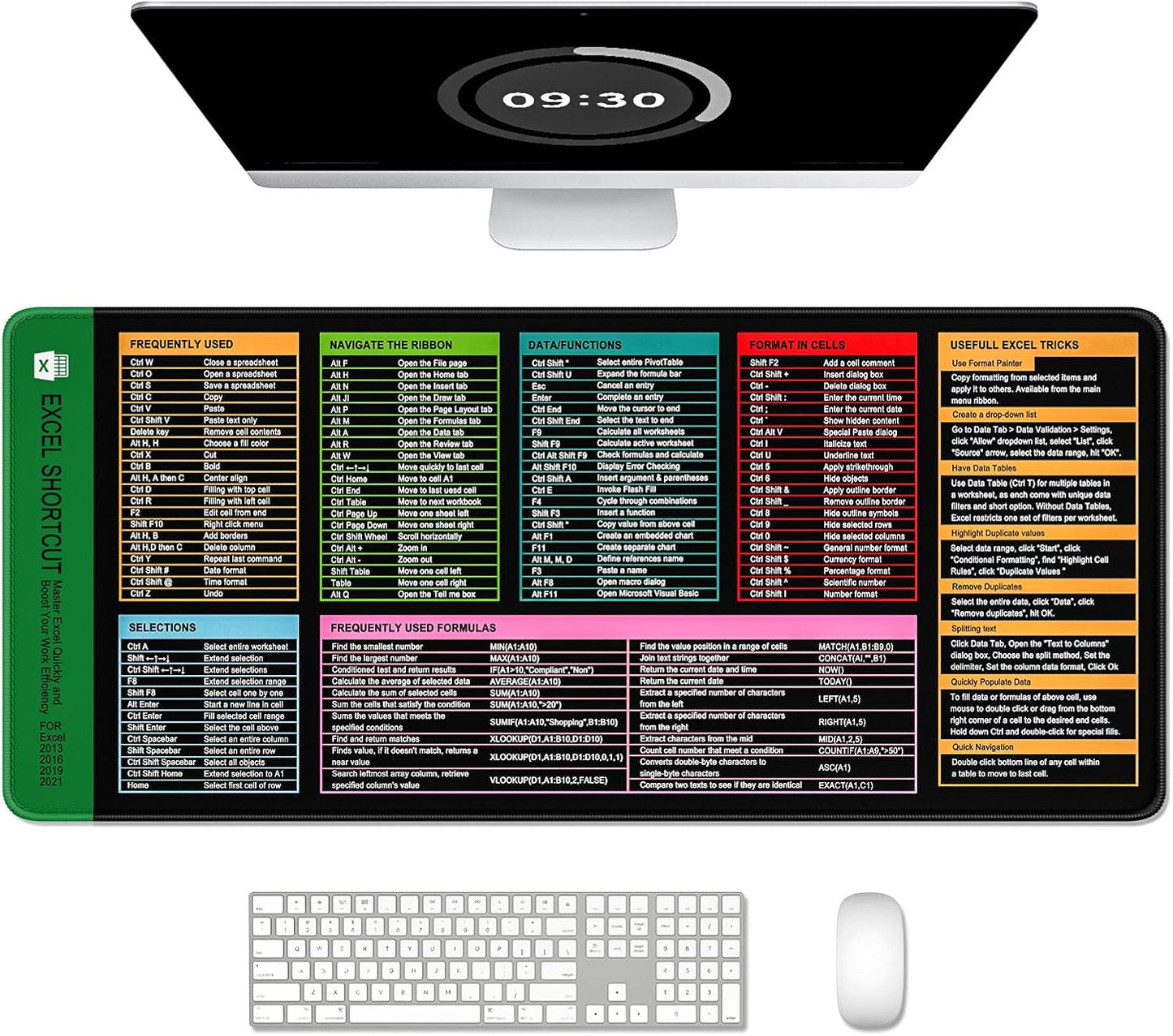 Auhoahsil Large Mouse Pad, XL Gaming Mousepad, Desk Mat for Desktop, Thick Rubber, Big & Long Size, Stitched Edges, Full Desk Pad for Laptop & Computer, Extended 31.5 x 11.8 in, Excel Shortcut