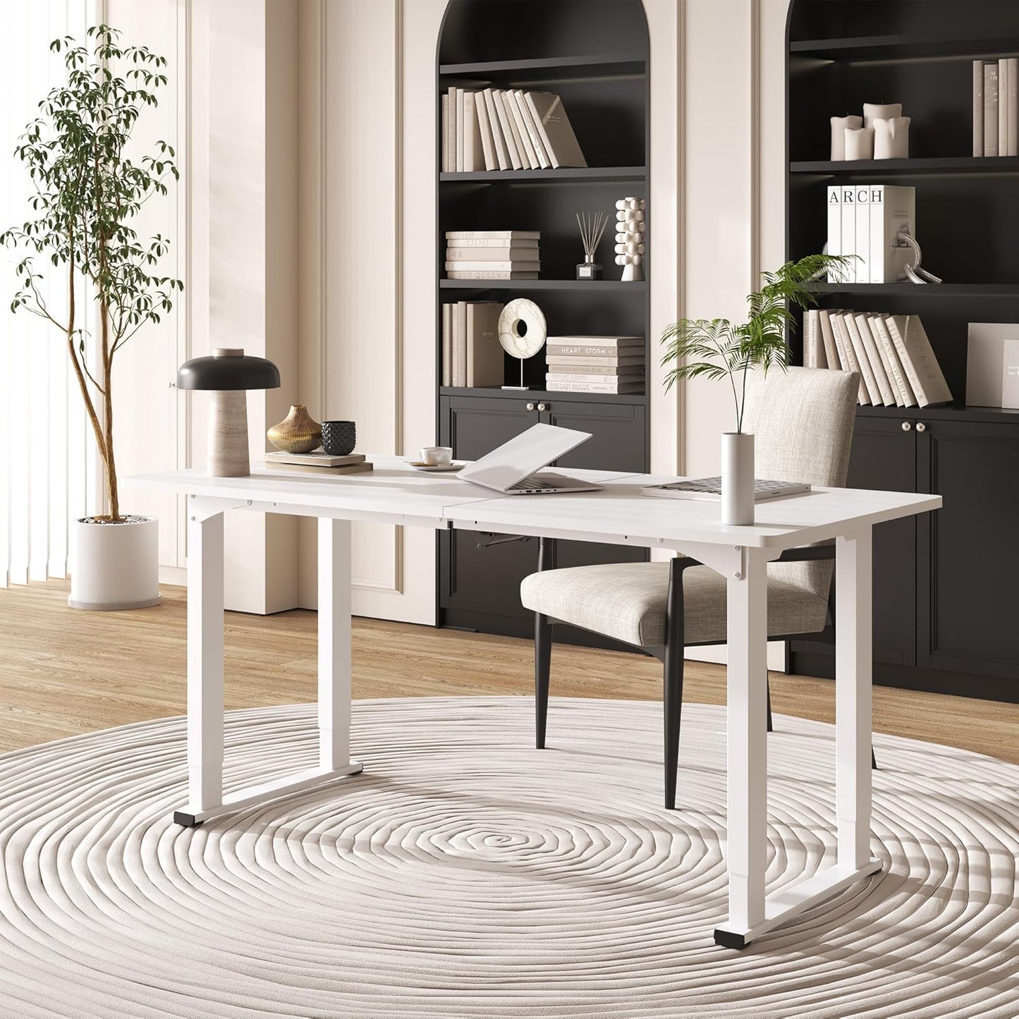 4 Legs Standing Desk, Large 63x28 Inches Electric Adjustable Height Desk with Splice Board, Stand Up Desks Home Office Computer Workstation, White