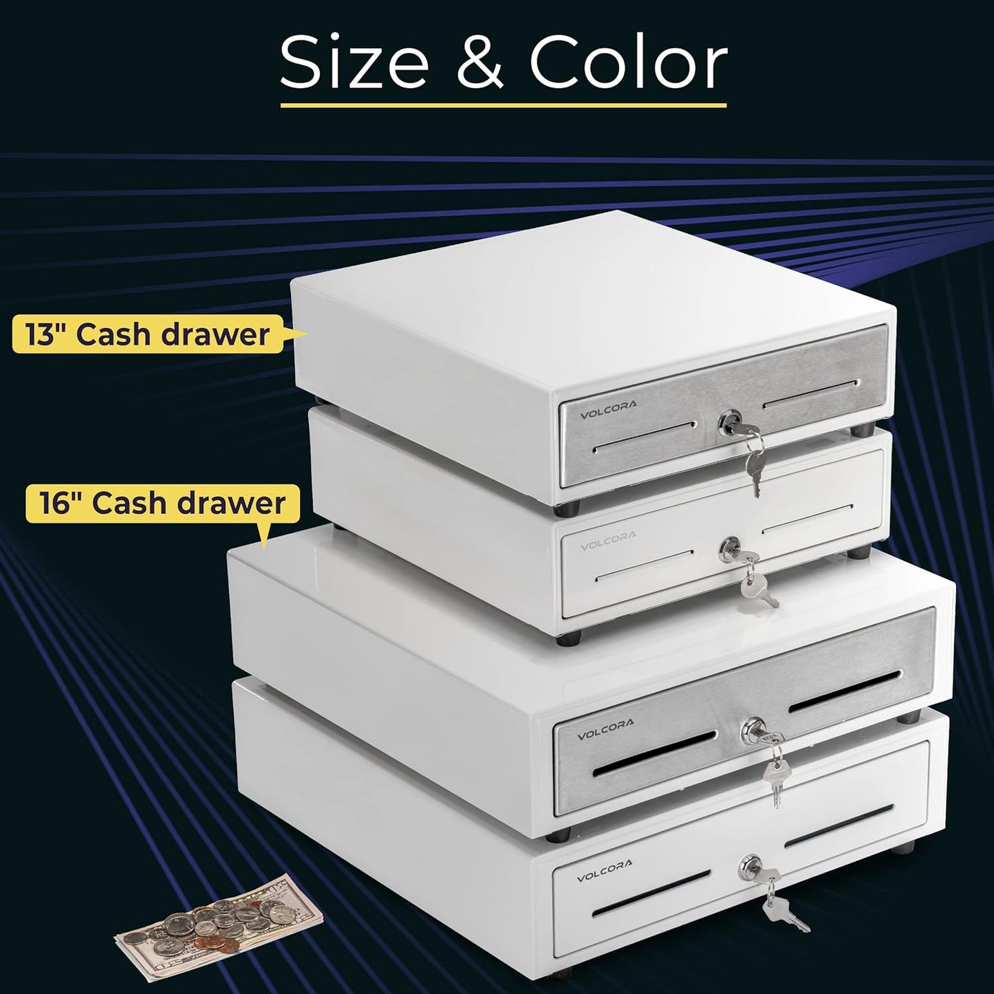 Volcora 16" Push Open Cash Register Drawer for Point of Sale (POS) System, Partial Removable White Heavy Duty Till with 5 Bills/8 Coin Slots, Key Lock and Double Media Slots