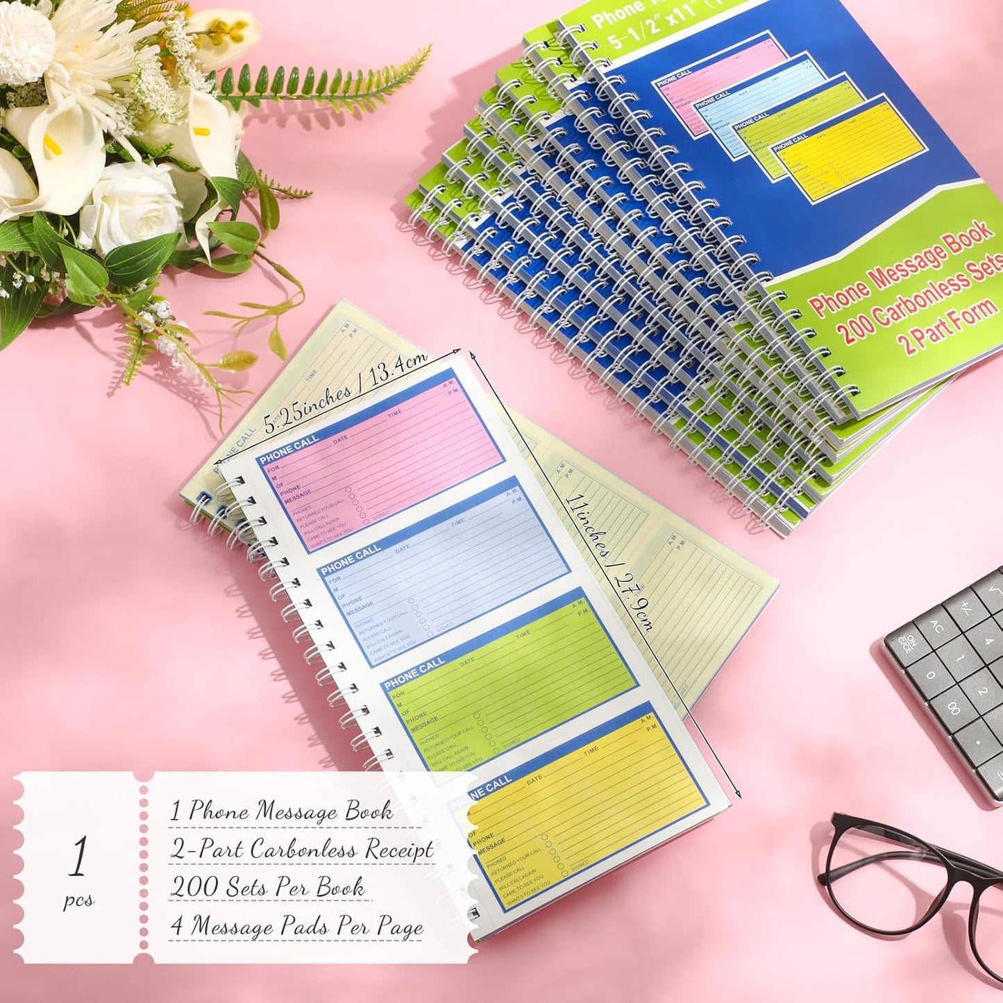 Sinmoe 1 Pcs Spiral Bound Phone Message Book with Carbon Copy 5-1/2" x 11" 2 Part Colorful Carbonless Telephone Message Pads Duplicate Spiral Phone Call Log Book for Business Office