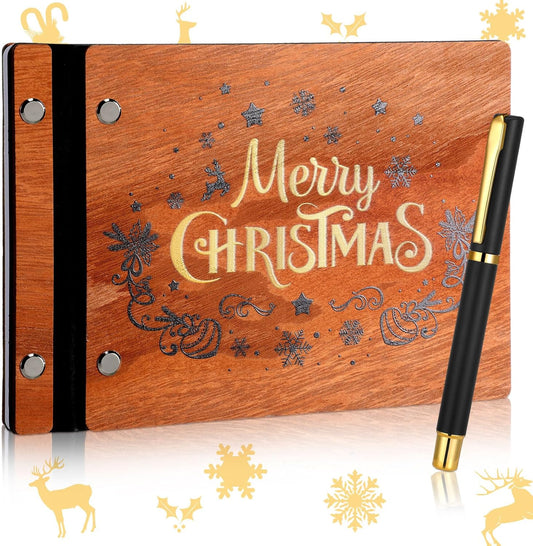 Christmas Wooden Guest Book with Pen 8 x 6 Inches 120 Pages Memory Scrapbook Rustic Signature Party Sign in Xmas Gift for Couple Guests Book