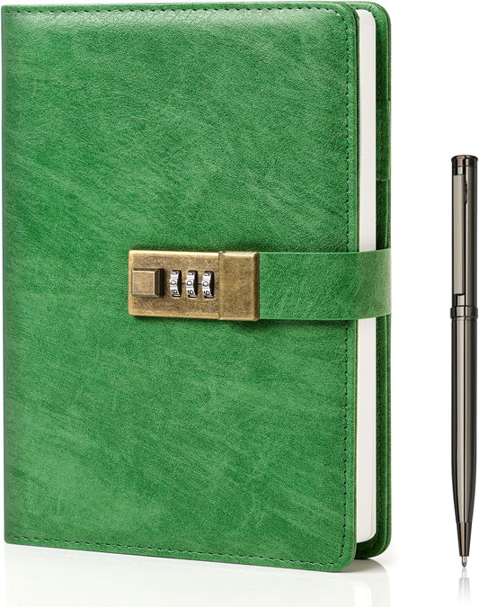 WEMATE Diary with Lock, A5 PU Leather Journal with Lock 240 Pages, Vintage Lock Journal Password Protected Notebook with Pen & Gift Box, Lock Diary Planner Organizer for Men and Women, 8.6x5.8in