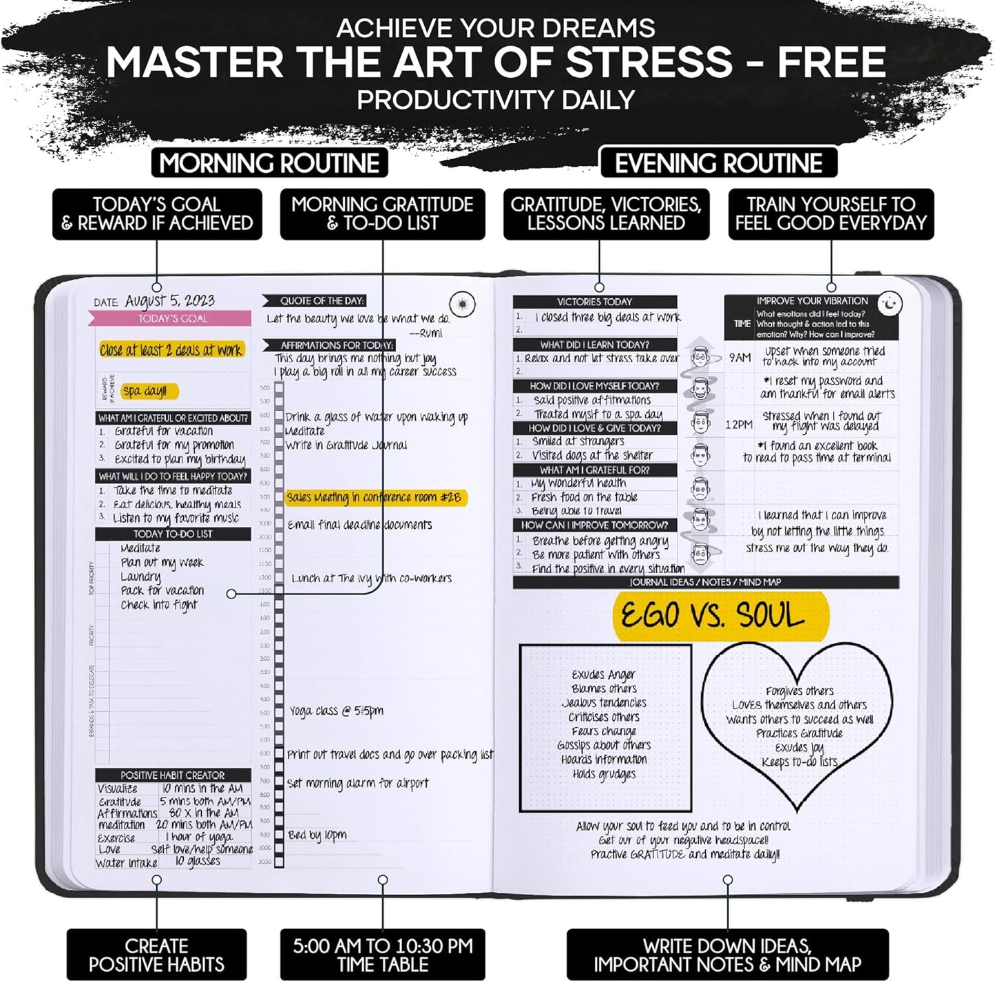 Self Care Journal - 5 Minute Mental Health & Manifestation Journal | 90-Day Undated Daily Planner for Positivity, Affirmations & Gratitude | Guided Mindfulness, Reflection | Vision Board + Stickers