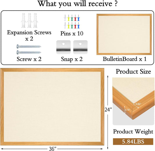 SHANTRA 36 x 24 Inch Bulletin Board with Beige Fabric, Wood Framed Canvas Cork Board, Corkboard for Walls with 10 Pins, Decorative Vision Board, Wall Mounted Notice Board for Home, Office, School