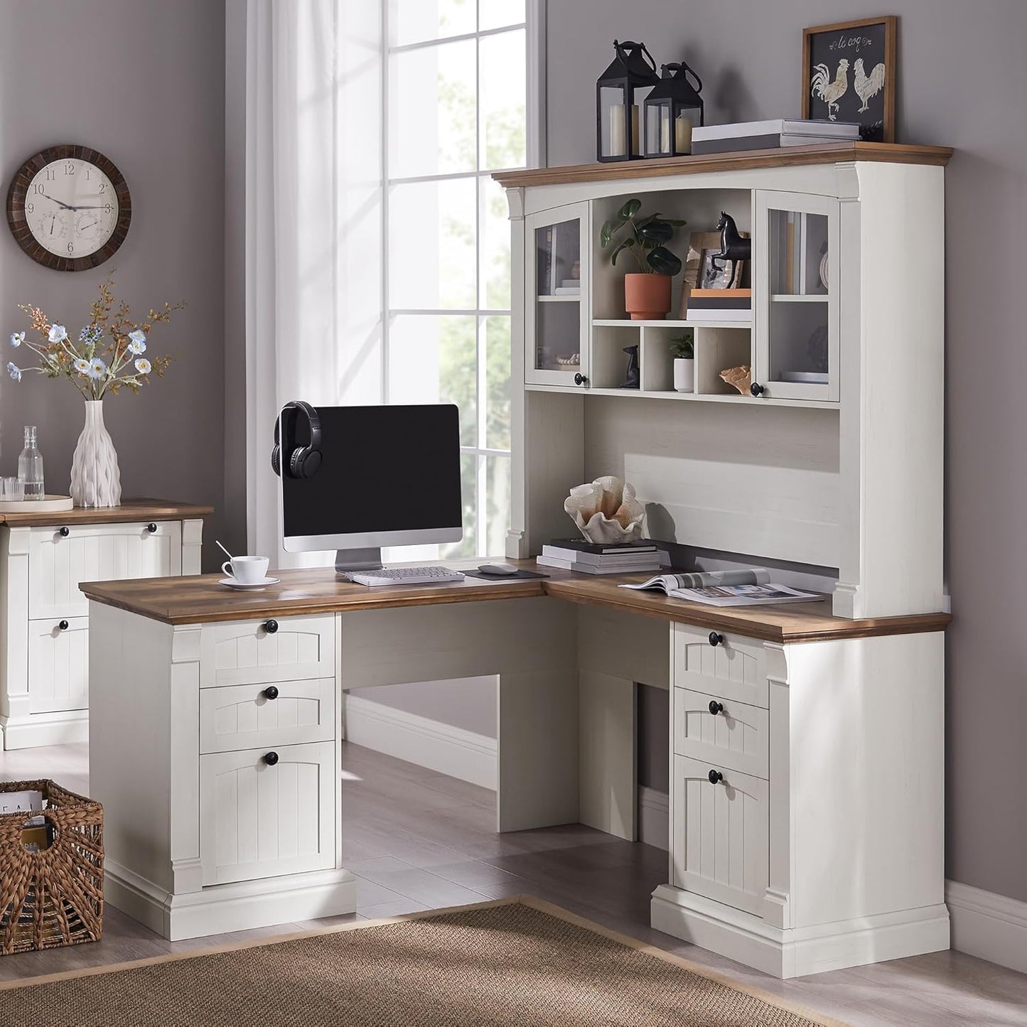 OKD 60" L Shaped Executive Desk with Hutch and Drawers, Farmhouse Home Office Desk with Charging Station, File Cabinet Storage, Wood Corner Computer Desk for Work and Study, Antique White