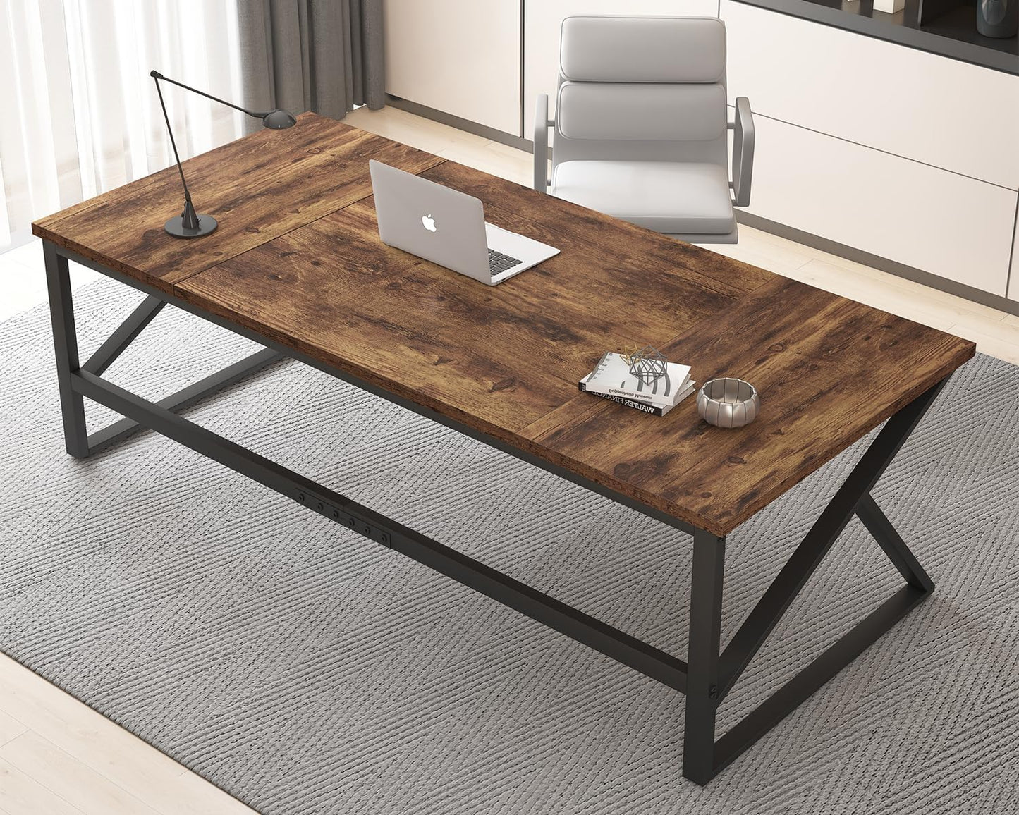 HSH Large Rustic Brown Computer Desk, 70 Inch Home Office Metal Wood Desk for 2 Person, Farmhouse Extra Long Writing Study Gaming Table, Bedroom Living Room PC Laptop Dual Monitor Desk