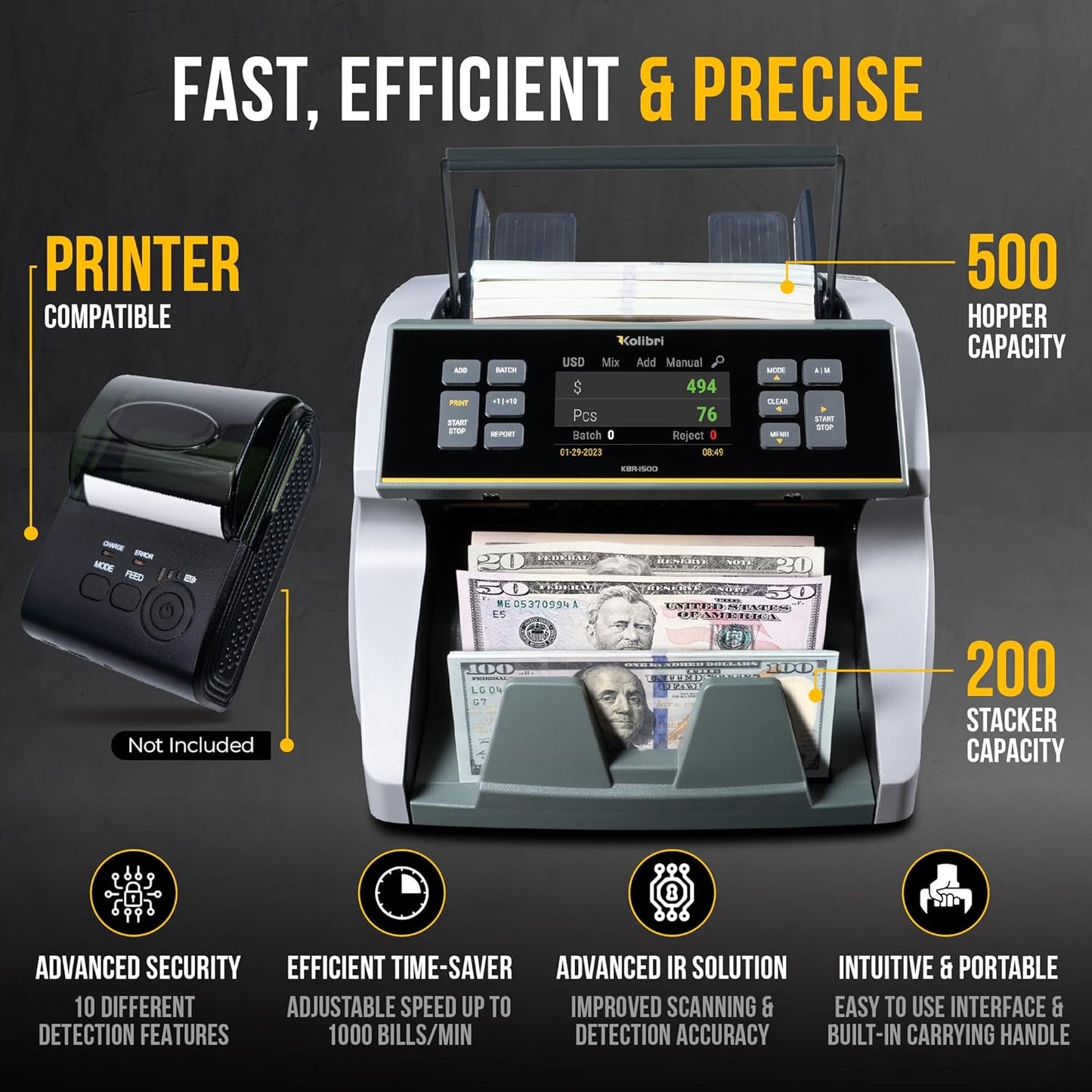 KOLIBRI KBR-1500 V2 Business-Grade Money Counter | Bill Counter, Sorter, Reader with Counterfeit Detection | Mixed Value Money Counting Machine | US Tech Support