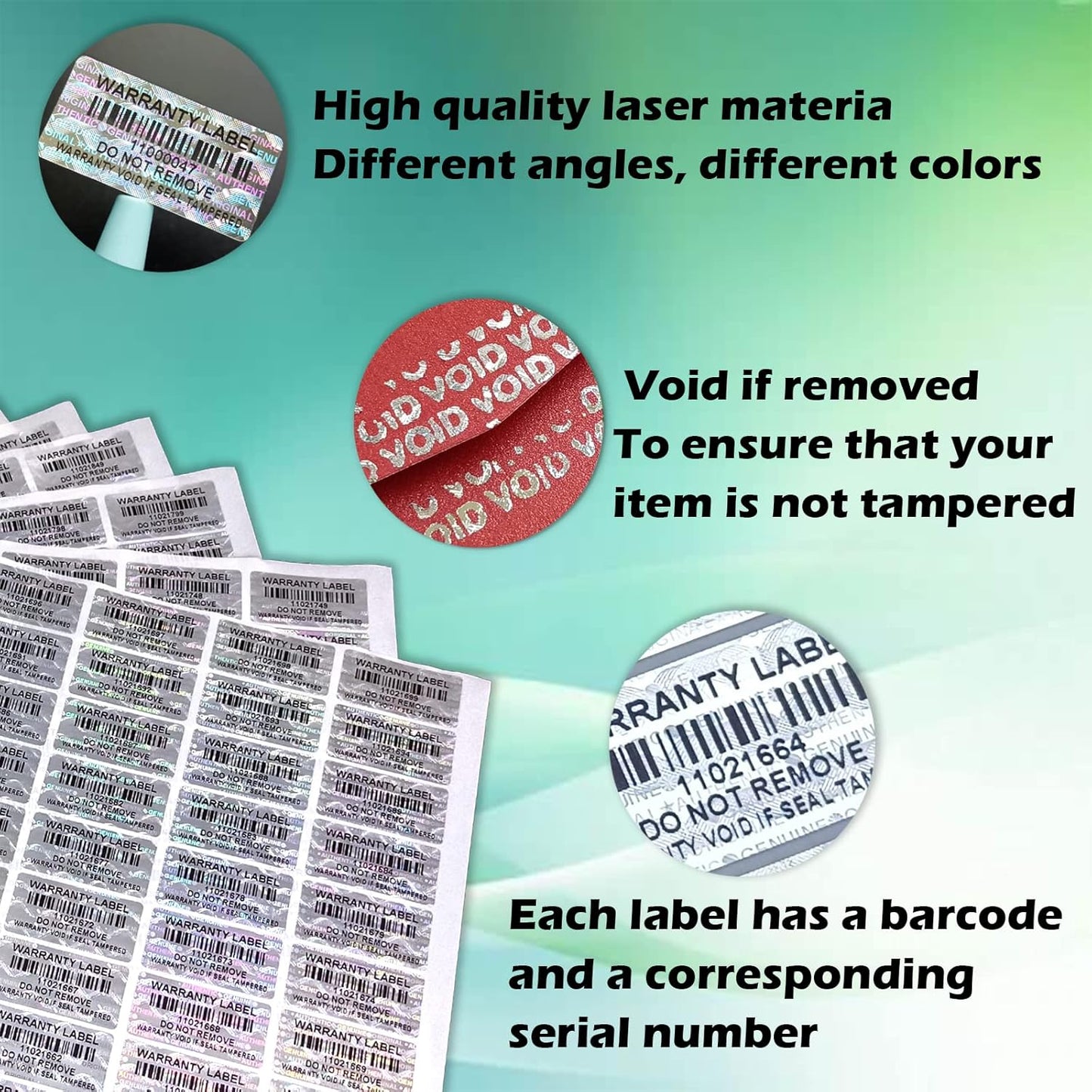 380pcs Tamper Proof Stickers with bar Code Hologram Security Labels Genuine Warranty Seal with Unique Serial Number(1.2 X 0.6 Inch,GQYH)