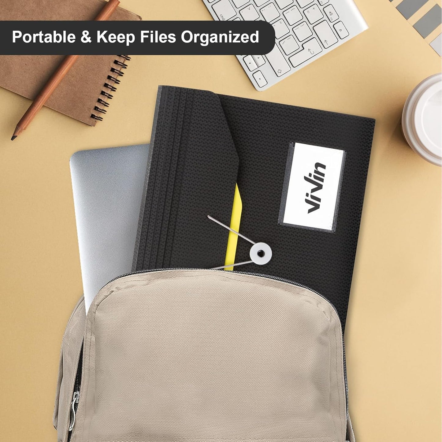 ViVin Expanding File Organizer, 13-Pocket Accordion Filing Folders with Extra Pocket & Color Tabs, Sturdy Expandable Ducument Organizer for Receipt Bills Invoice, Letter/A4 Size - Black