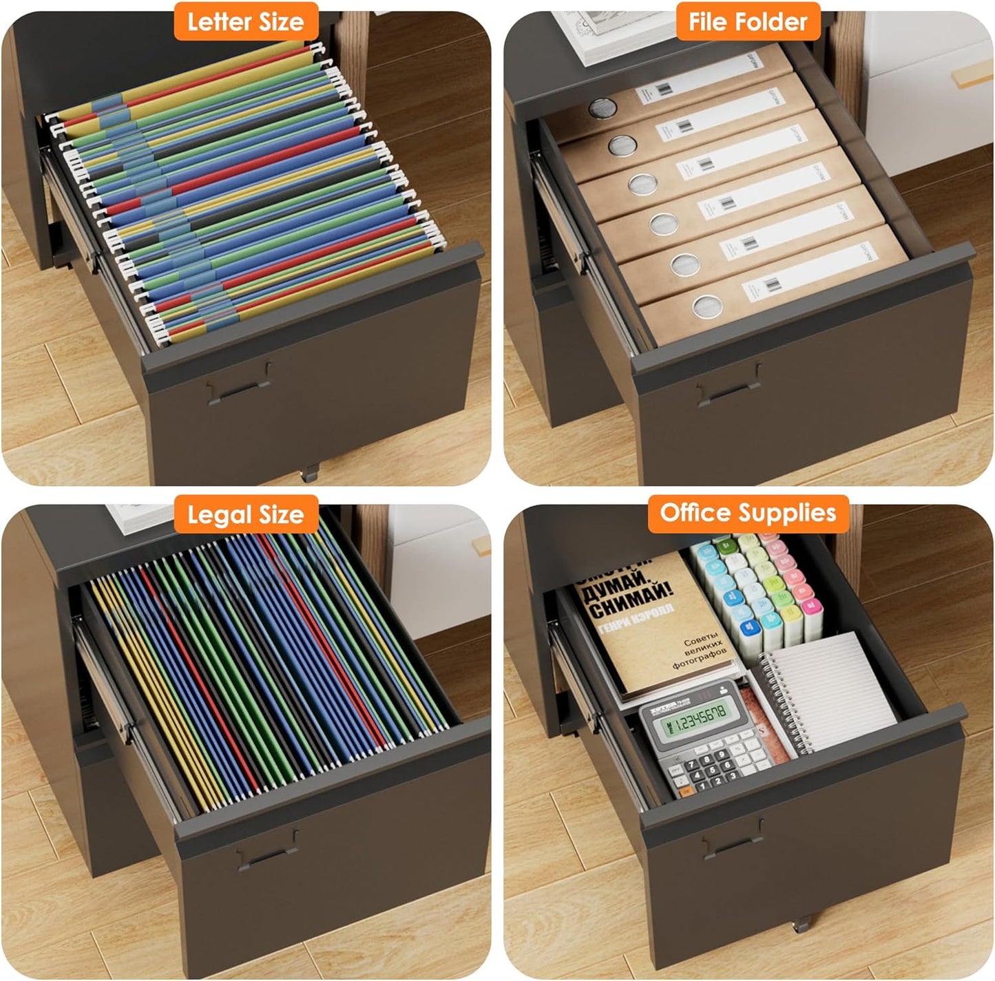 Aobabo Metal 2 Drawer Office File Cabinet with Lock, Under Desk Office Steel Files Cabinet on Wheels, 25.6''H Legal/Letter A4 Size, Assembly Required, Black