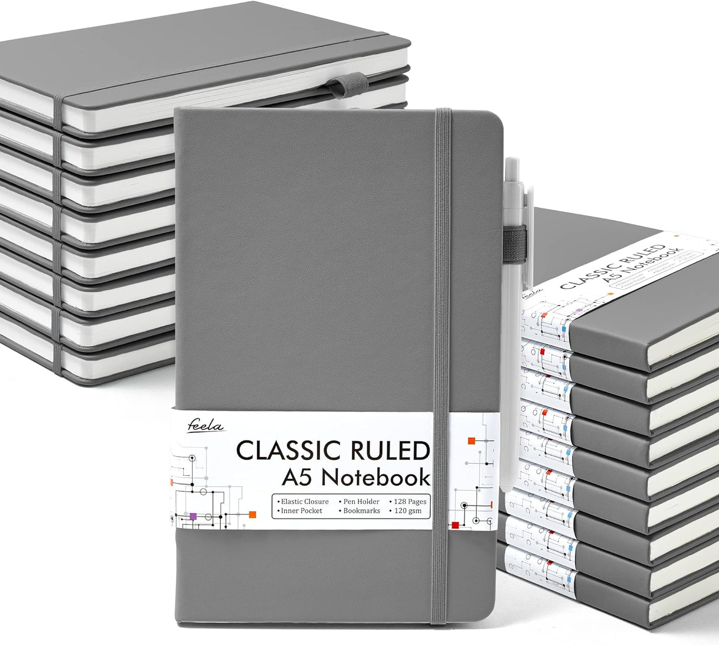 feela 18 Pack Journal Notebook for Work, Business Notebook Bulk Hardcover Lined Writing Journal with Pen Holder for Men Women Note Taking, with 18 Black Pens, 120 GSM, 5.1”x8.3”, A5, Gray