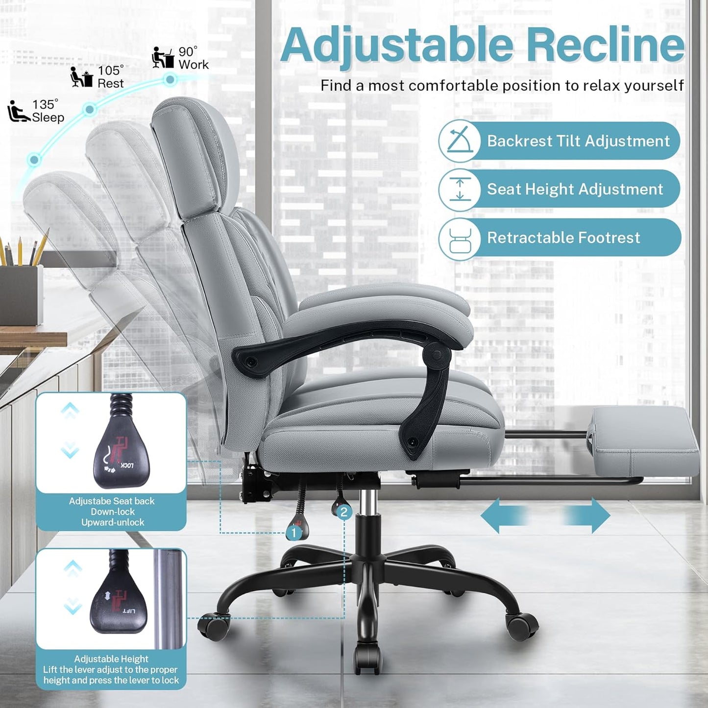 Executive Leather Office Chair, Big and Tall Desk Chair with Footrest Home Office Desk Chairs, Ergonomic Computer Desk Chair with Lumbar Support, Reclining Chair with Adjustable Angle