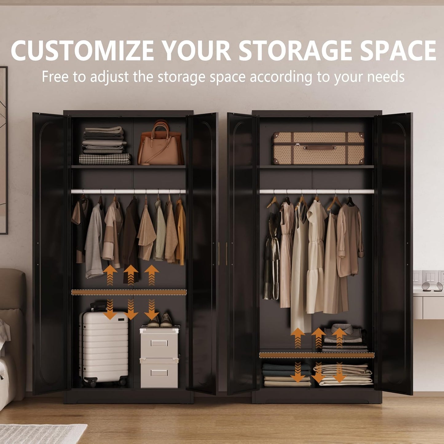 Metal Armoire Wardrobe Closet with Hanging Rod, 71" Tall Wardrobe Cabinet for Clothes, Black Clothing Storage Cabinet with Doors and Shelves, Large Wardrobes for Bedroom-Assemble Required
