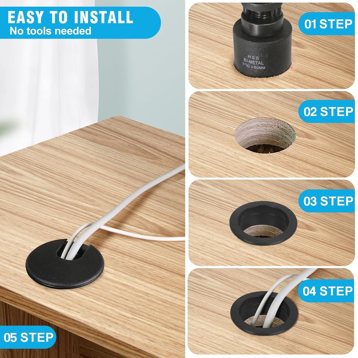2" Black Desk Grommet with Bi-Metal Hole Saw, JTemgle Plastic Cable Hole Cover Computer Table Cord Wire Organizer Caps, Desktop Cord Management for Home Office TV Stands Tabletops, 13 Pieces