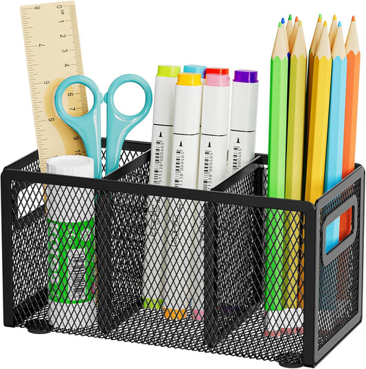 Marbrasse Mesh Pen Holder for Desk,Pencil Holder Desk Organizer 3 Adjustable Compartments,Pencil Cup with Handle Perfect for Classroom, Office, Home,Makeup,Art (Black)