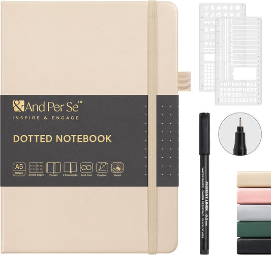 &And Per Se Bullet Dotted Journal Notebook, A5 Leather Hardcover, 176 Numbered Pages 100GSM Thick Dotted Paper, 2 Sheets of Stencils Included - 5.7'' x 8'' (Light Apricot)