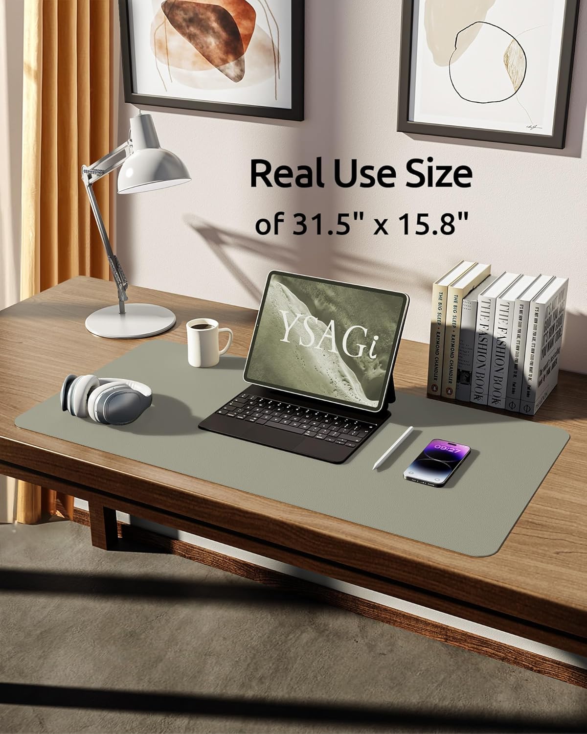 YSAGi Leather Desk Protector, Office Mat, Large Mouse Mat, Non-Slip PU Leather Blotter, Laptop Desk, Waterproof Writing Pad for Office and Home (Sage Green, 31.5" x 15.8")