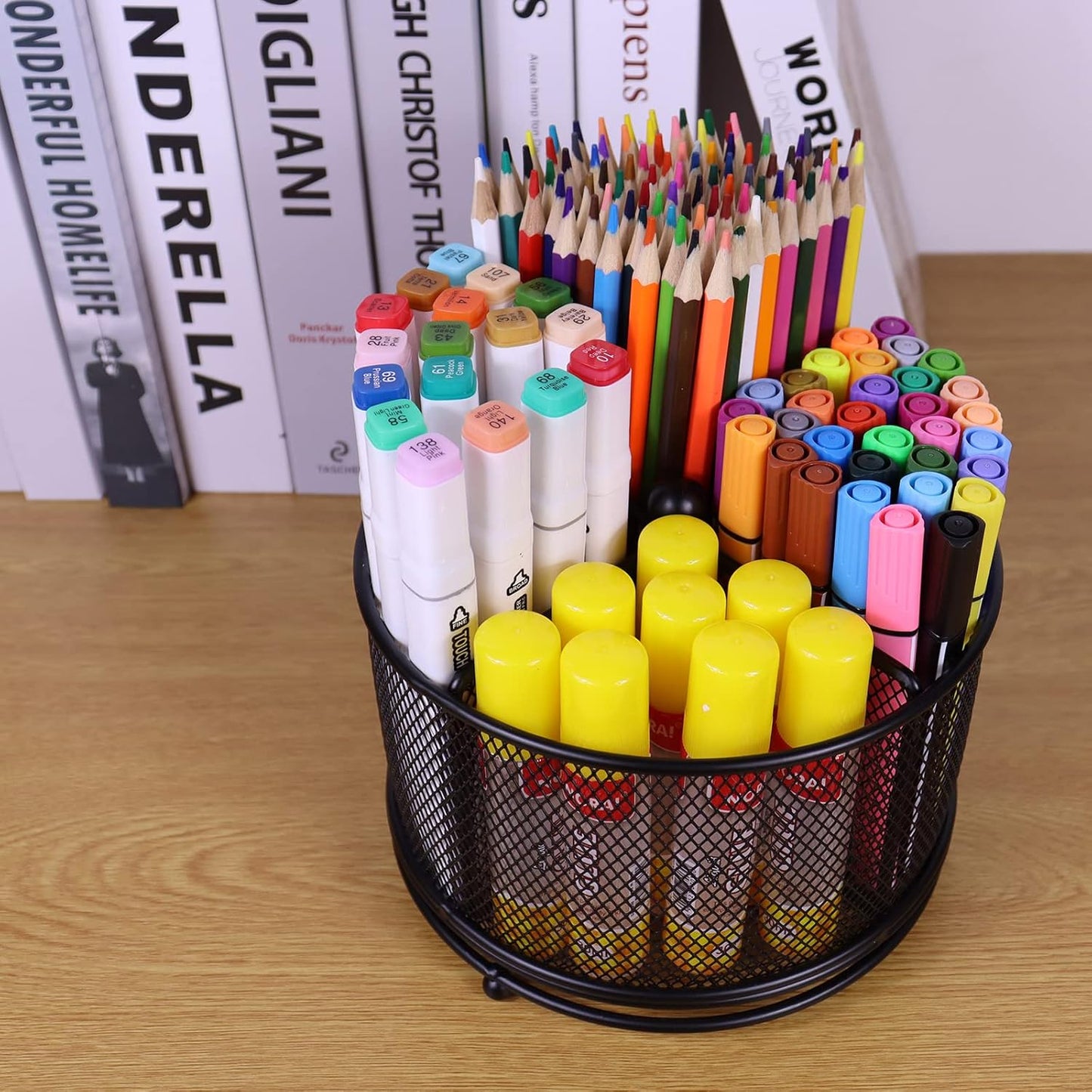 Pen Holder for Desk, 360 Rotating Mesh Pencil Organizer Marker Storage Caddy, Black Large Capacity Desktop Stationery Organizer, 4 Compartments for Home Office School Kids Art Supplies