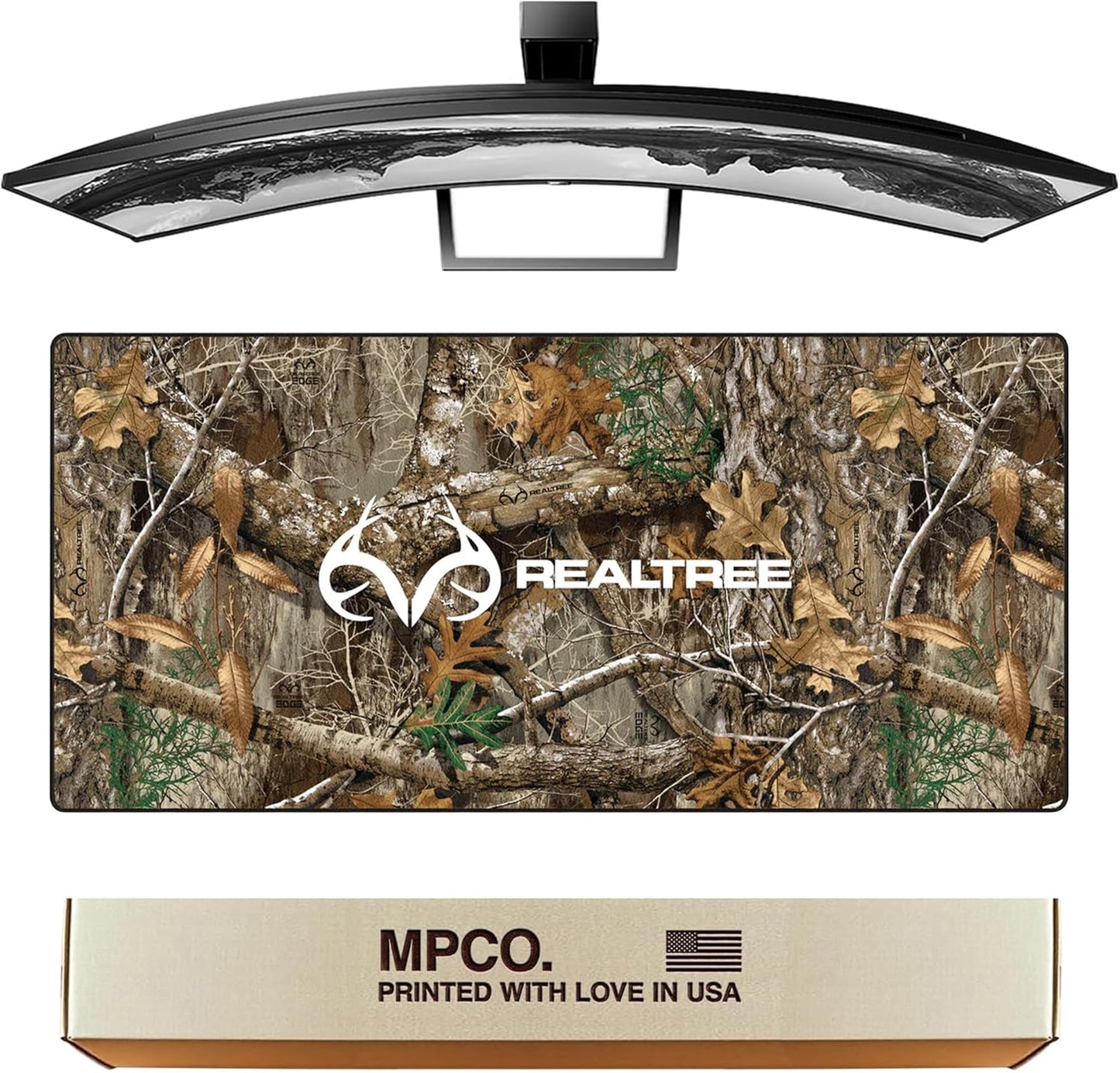 MPCO. Real Tree Large Gaming Desk Pad - 36" x 17" Duraglyde Fabric Edge Green – with Logo Desk Mats - Non-Slip, Washable, Smooth Glide for Precision Gaming & Work