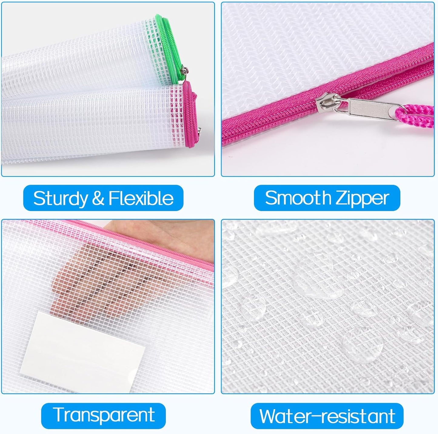 Sooez 20 Pack Mesh Zipper Pouch Bags, A4 Letter Size, Zipper Bags with Label Pocket, Waterproof Pouches for Classroom Organization, Board Game Storage, Document Bag for Teacher School Office Supplies