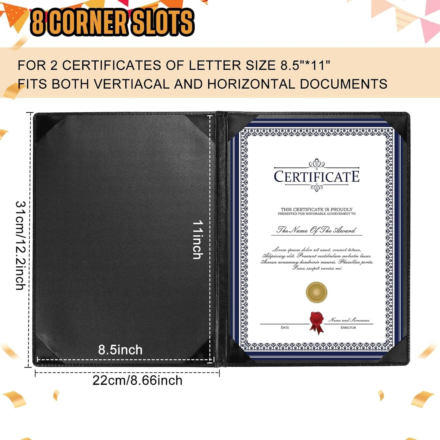 Tenare 6 Pcs Leather Certificate Holder 8.5 x 11 Inch PU Black Red Blue Purple Phd Bachelor Master Diploma Cover Professional Award Folder for Official Graduation Competition Contest Charity (Black)