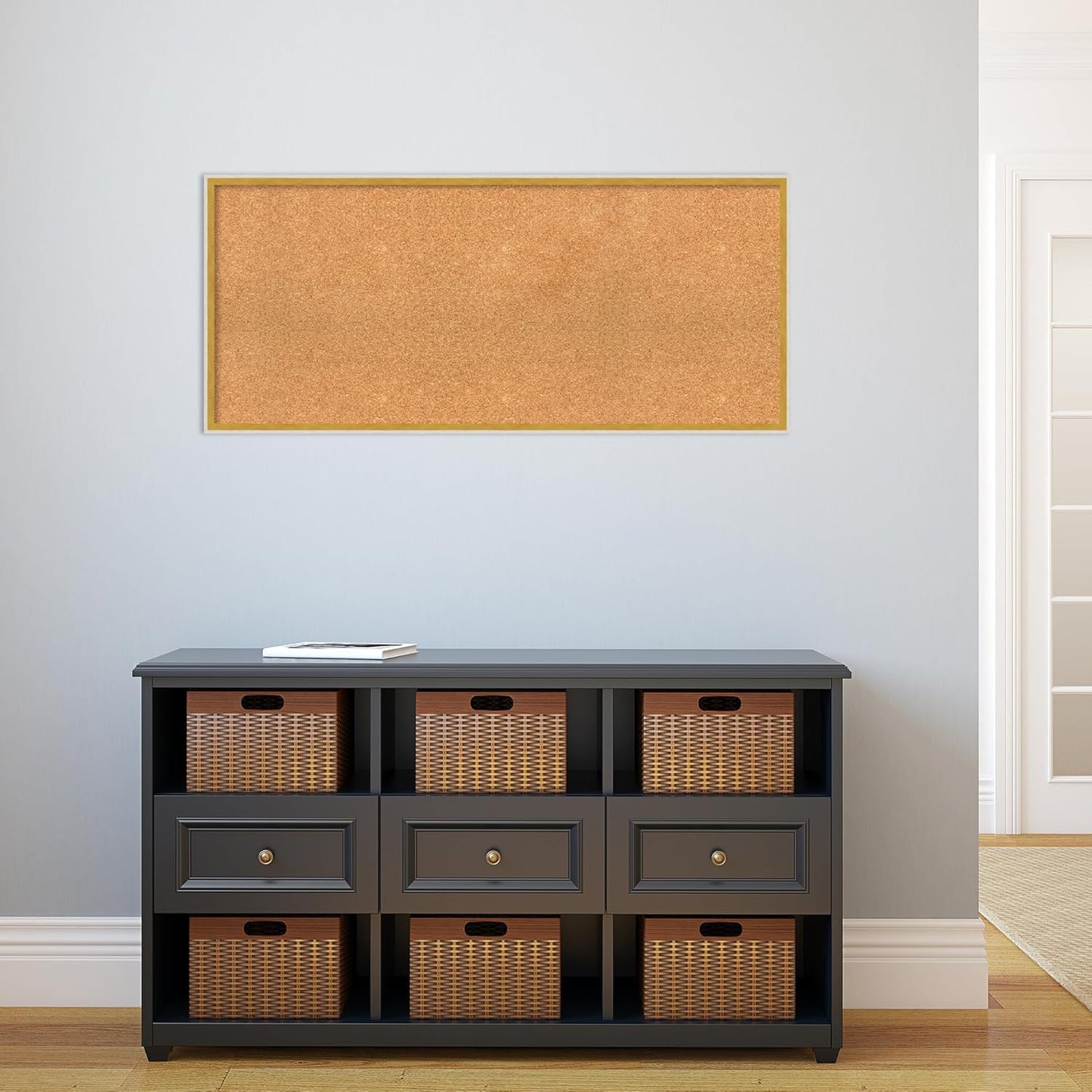 Amanti Art Natural Cork Board for Wall, 19x43 Vision Board with White Frame, Oversize Corkboard Office Decor for Home Organization, Modern Corkboard Pinboard to Display Items for Home Organization in