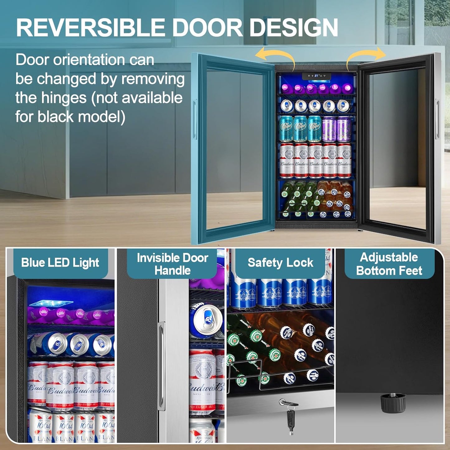 Beverage Refrigerator Cooler, 128 Cans Mini Fridge Glass Door for Drink Beer Soda Wine, 3.2 Cu.Ft Small Fridge for Kitchen Bedroom Office Bar, with 4 Adjustable Removable Shelves, Stainless Steel