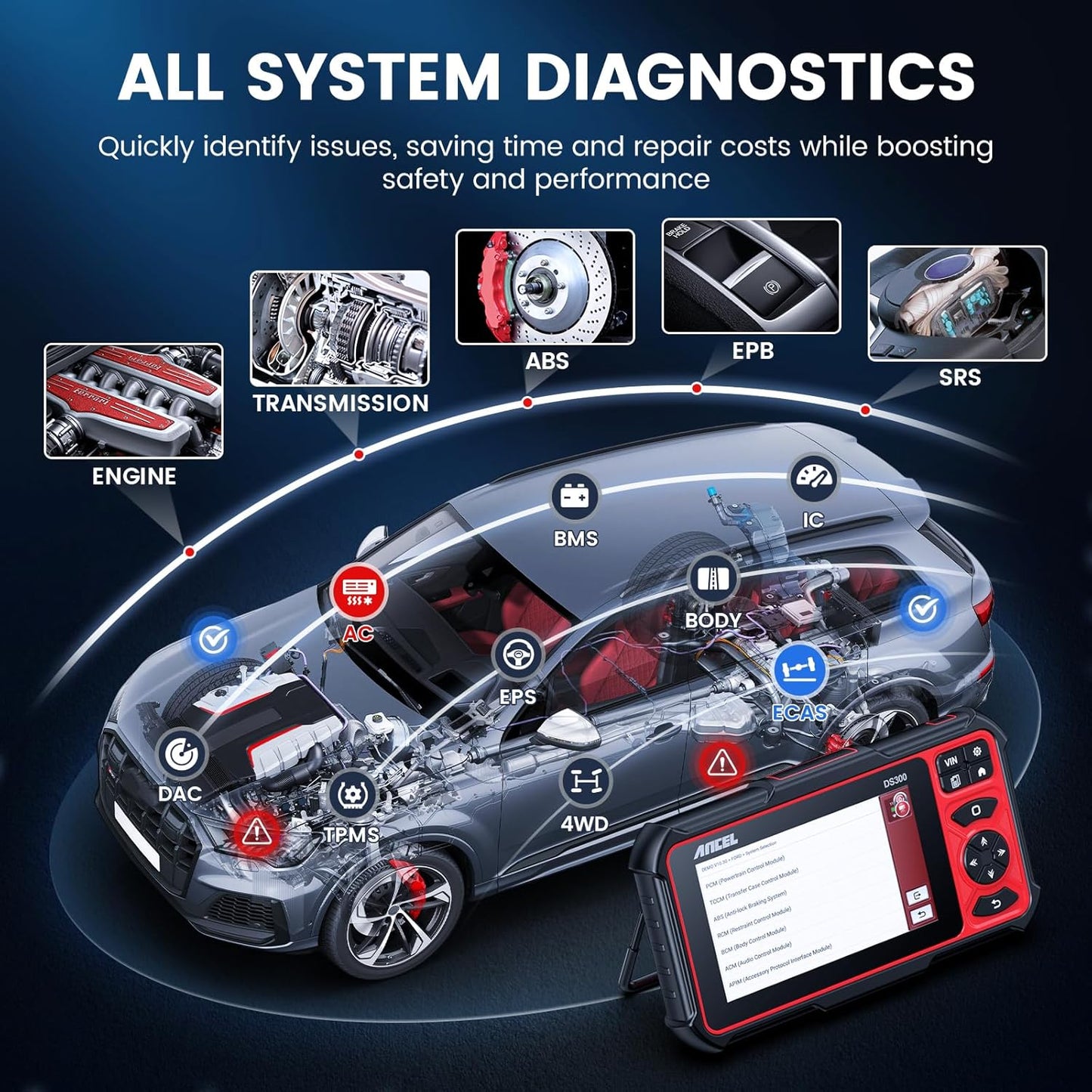 ANCEL DS300 Bidirectional Tool, Full System OBD2 Scanner Diagnostic Tool, Wireless Car Code Reader with 30 Resets, Diagnostic Scanner for All Vehicles, FCA Autoauth, Lifetime Free Update