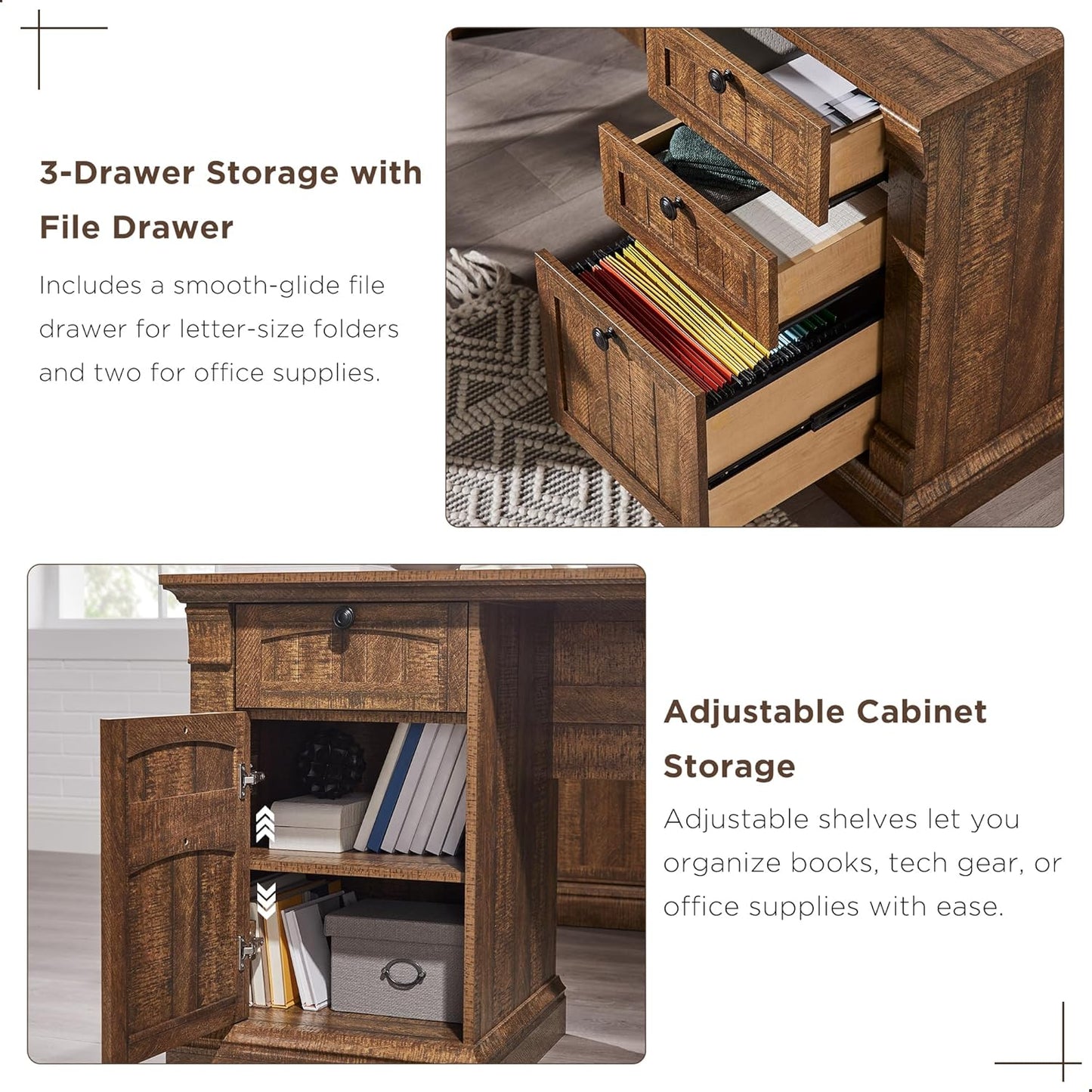 OKD 60" L Shaped Executive Desk with Drawers, Farmhouse Home Office Desk with Charging Station, File Cabinet Storage, Wood Corner Computer Desk for Work and Study, Reclaimed Barnwood