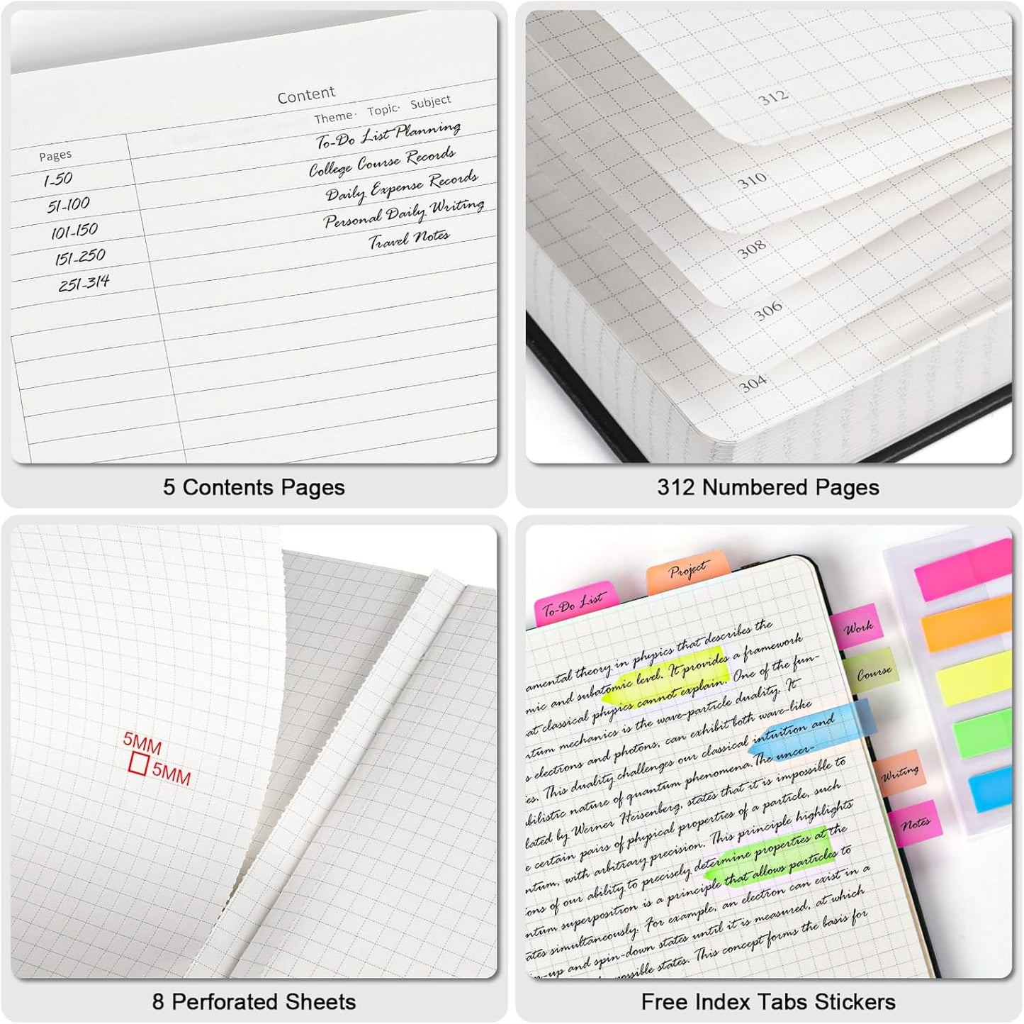 Graph Paper Notebook, 312 Numbered Pages Large A5 Hardcover Leather Journal, 100gsm No Bleed Grid Paper Notebook with Index Pages, Grid Notebook for Graphing Notes Math, 5.75" x 8.38", Green