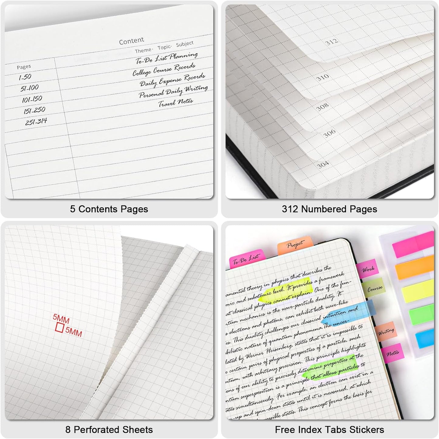 Graph Paper Notebook, 312 Numbered Pages B5 Hardcover Leather Journal, 100gsm No Bleed Grid Paper Notebook with Index Pages, Grid Notebook for Graphing Notes Math, 7.6'' X 10'', Black