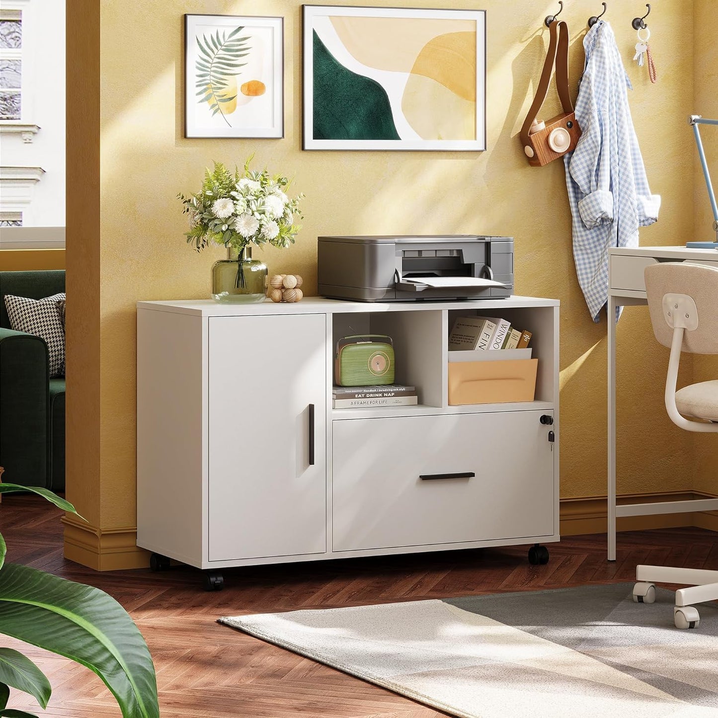 DEVAISE Office File Cabinet with Lock, 1-Drawer Wood Lateral Filing Cabinet on Wheels, Printer Stand with Open Storage Shelves for Home Office, White