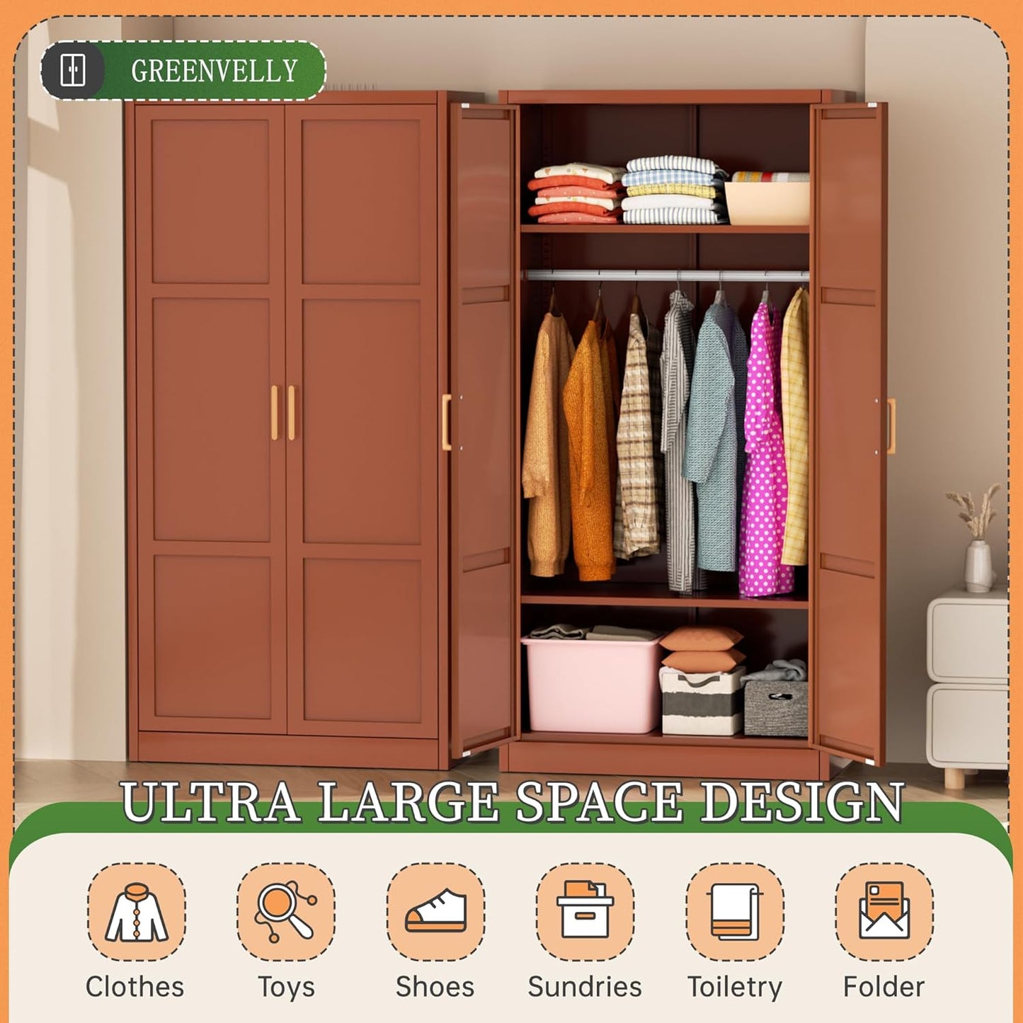 Greenvelly Metal Wardrobe Cabinet with Wooden Handle, 72" Metal Wardrobe Closet with Hanging Rods and Adjustable Shelves, Clothing Storage Closet Cabinet for Home, Office, Employee, Gym (Brown)