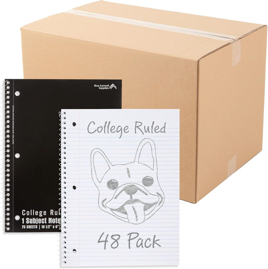 Blue Summit Black Spiral Notebooks Bulk, One Subject Spiral Notebook College Ruled, Perforated Notebook, 8 x 10.5 for Work and School, Paper, College Ruled, Bulk 48 Pack