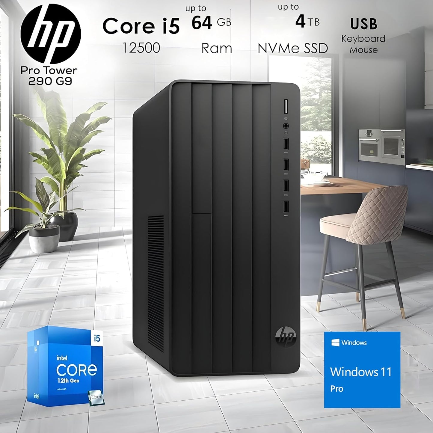 HP Desktop Computers Tower PC for Home Business Student, Intel 6-Core i5-12500 (Beat i7-11700), 32GB DDR4 RAM, 1TB PCIe SSD, WiFi, Bluetooth, RJ-45, Keyboard and Mouse, Windows 11 Pro, Wendbo