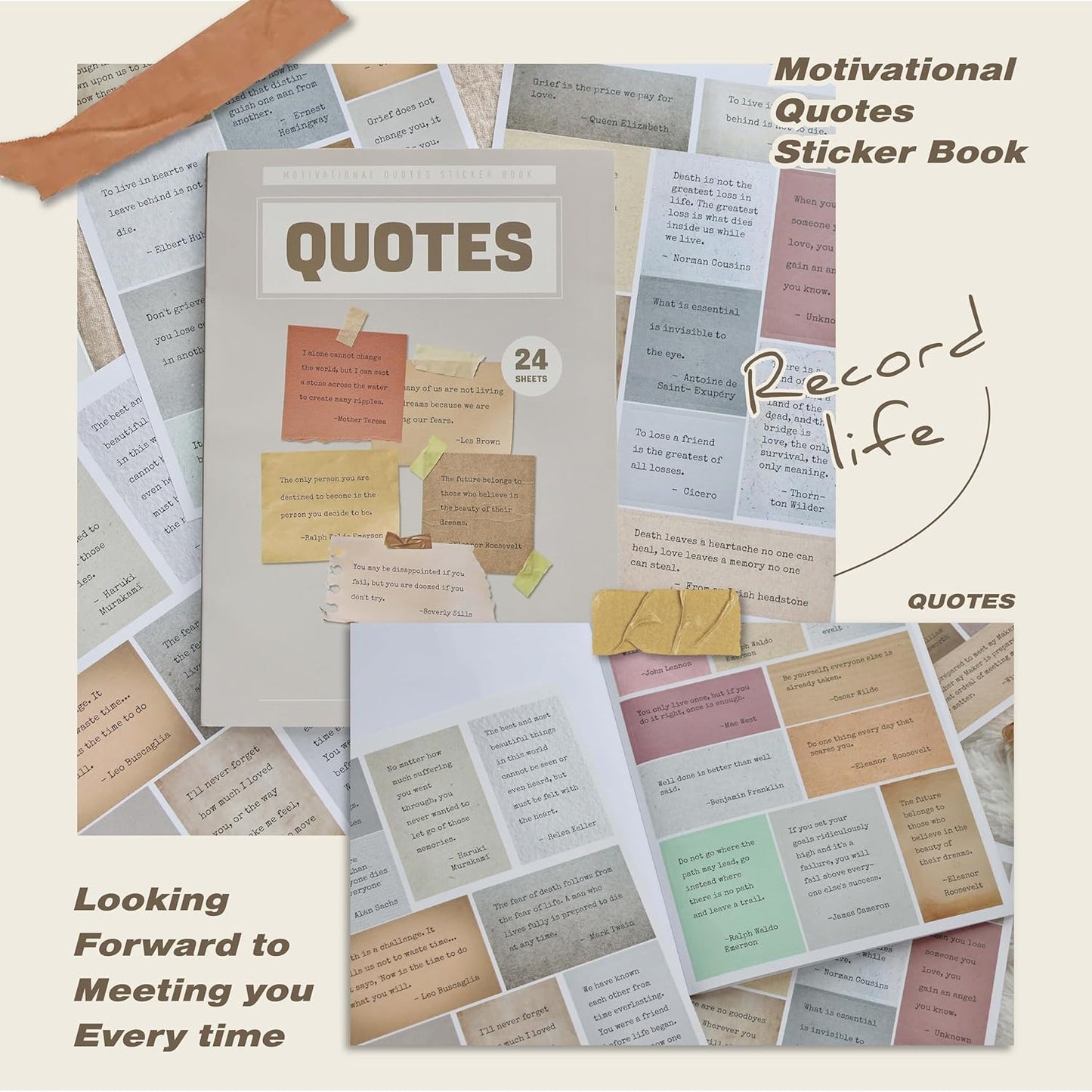 24 Sheets Vintage Motivational Quote Stickers Pad wtih Tweezer,246 Pcs Inspirational Typewriter Font Quotes Pad,Word Stickers for Scrapbook Junk Journal Bullet Journal DIY Craft Card Making