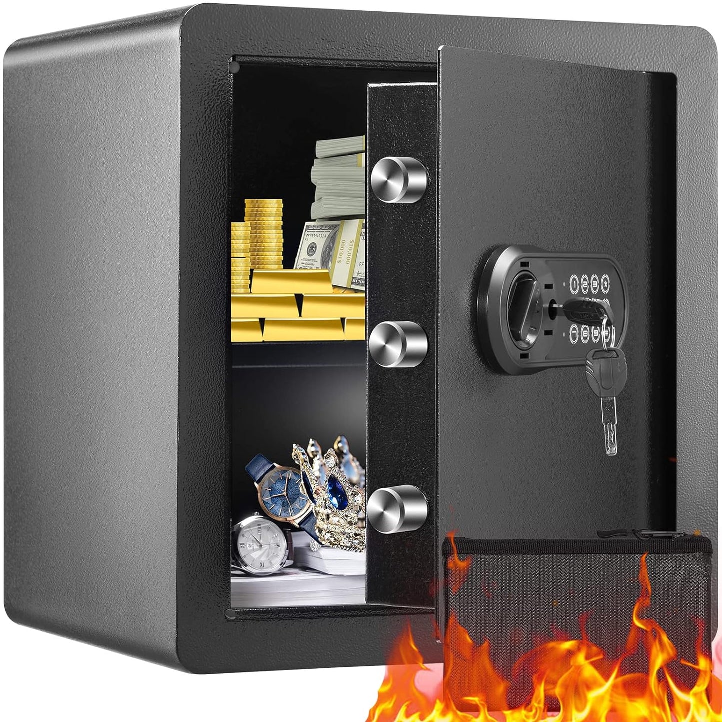 VEVOR Safe Box with Digital Keypad and 2 Keys, 1.8 Cubic Feet Home Safe, Steel Security Cabinet, with Fire-proof Bag, Protect Cash, Gold, Jewelry, for Home, Hotel,15.8"Wx13"Dx16.9"H