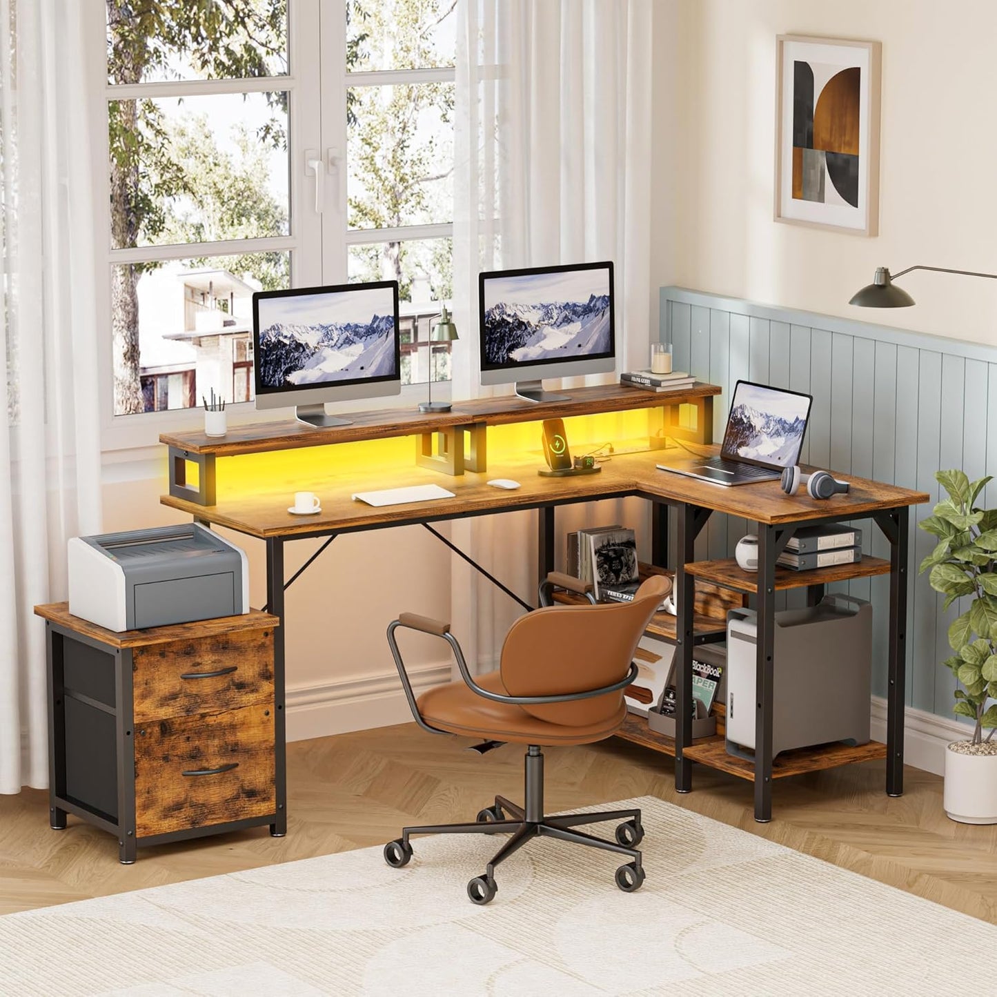 YOUNGAR 69.3" Home Office Desk with Storage, Reversible L Shaped Computer Desks, Corner Gaming Office Desk with 2 File Drawers&Power Outlet, Vintage