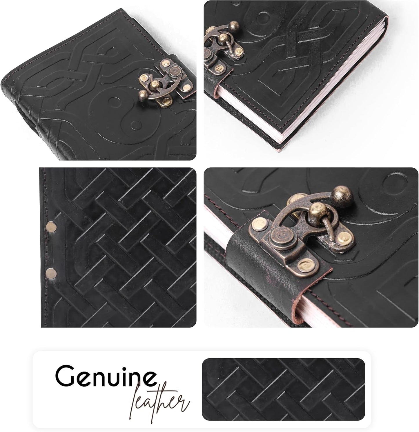 Yin & Yang Vintage Leather Journal with Antique Clasp Lock – 200 White Page Antique Deckle Edge Leather Bound Notebook – 5"X7" Notebook Journal for Writing, Drawing, Home, Office, Travelling (Black)