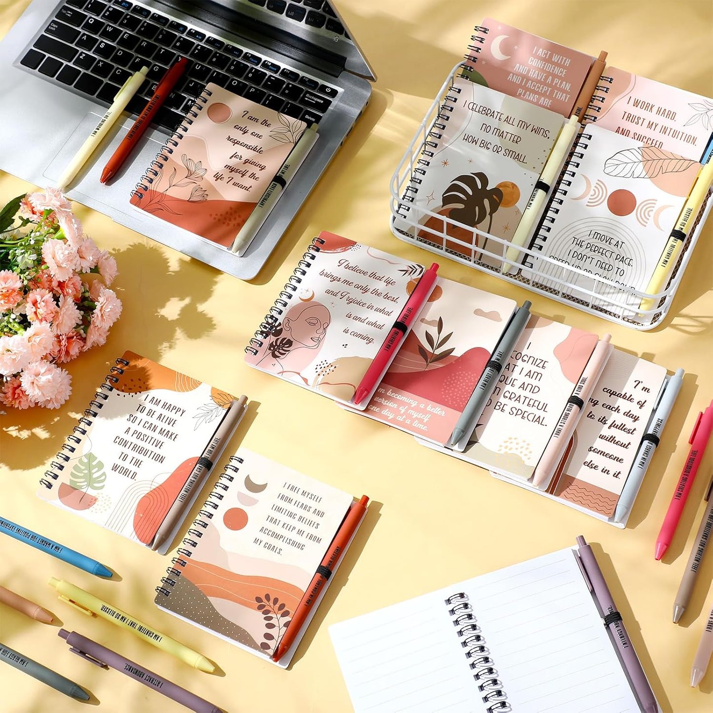 Kosiz 24 Pcs/12 Set Positive Affirmation Gifts Gratitude Spiral Notebooks with Pens Motivational Encouragement Notepads Daily Affirmations Journal for Women (Rainbow)