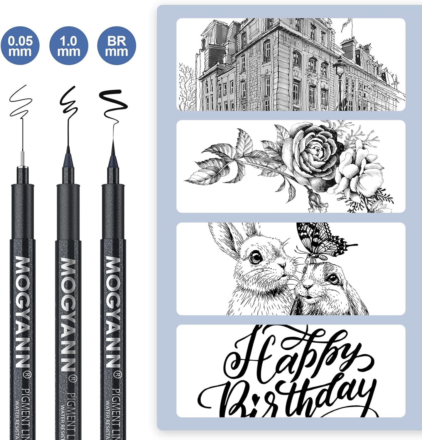 Mogyann Drawing Pens Black Art Pens for Drawing 12 Size Waterproof Ink Pens for Artists Sketching, Manga, Writing