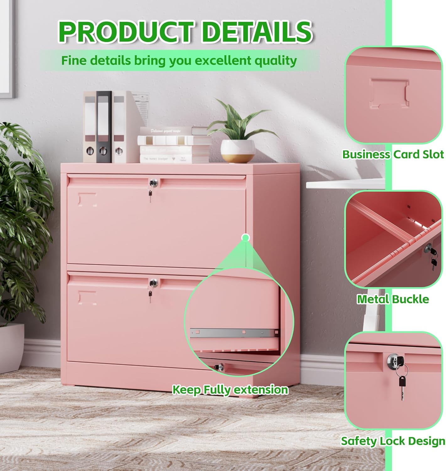 2 Drawer Lateral File Cabinet, Metal Wide Filing Cabinet with Independent Locks, Home Office Furniture for Hanging Files Letter/Legal/F4/A4 Size, Assembly Required, Pink